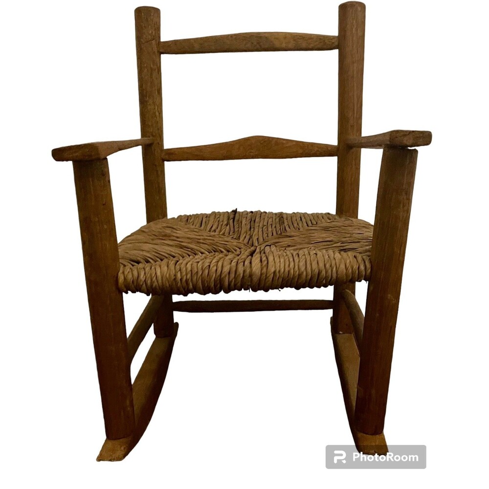 Brown Wooden Kids Rocking Chair with Woven Seat